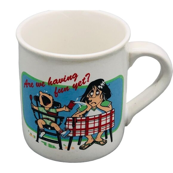 Are We Having Fun Yet Coffee Cup Multi Colored Length 3.5" glass humor READ - Picture 1 of 8